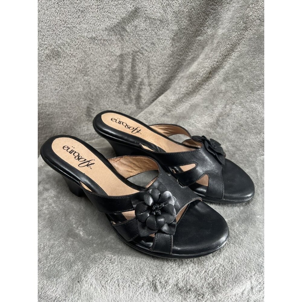 Eurosoft by Sofft Women’s Size 10M Black Leather Wedge Flower Sandals  Slide